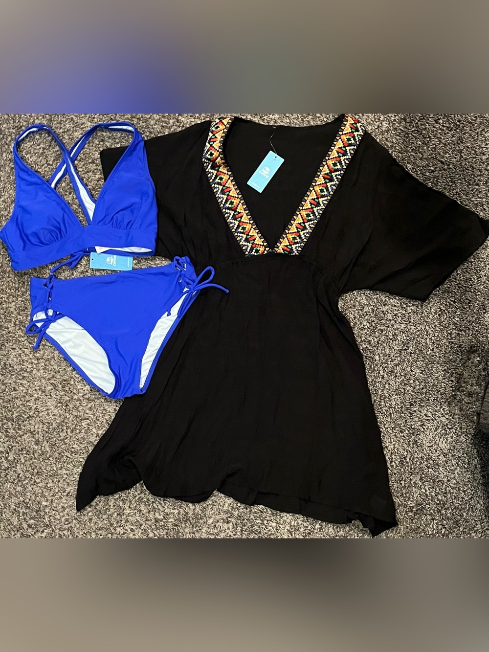 Cupshe Women’s Blue Bikini with Black Embroidered Cover-Up Size Small NWT